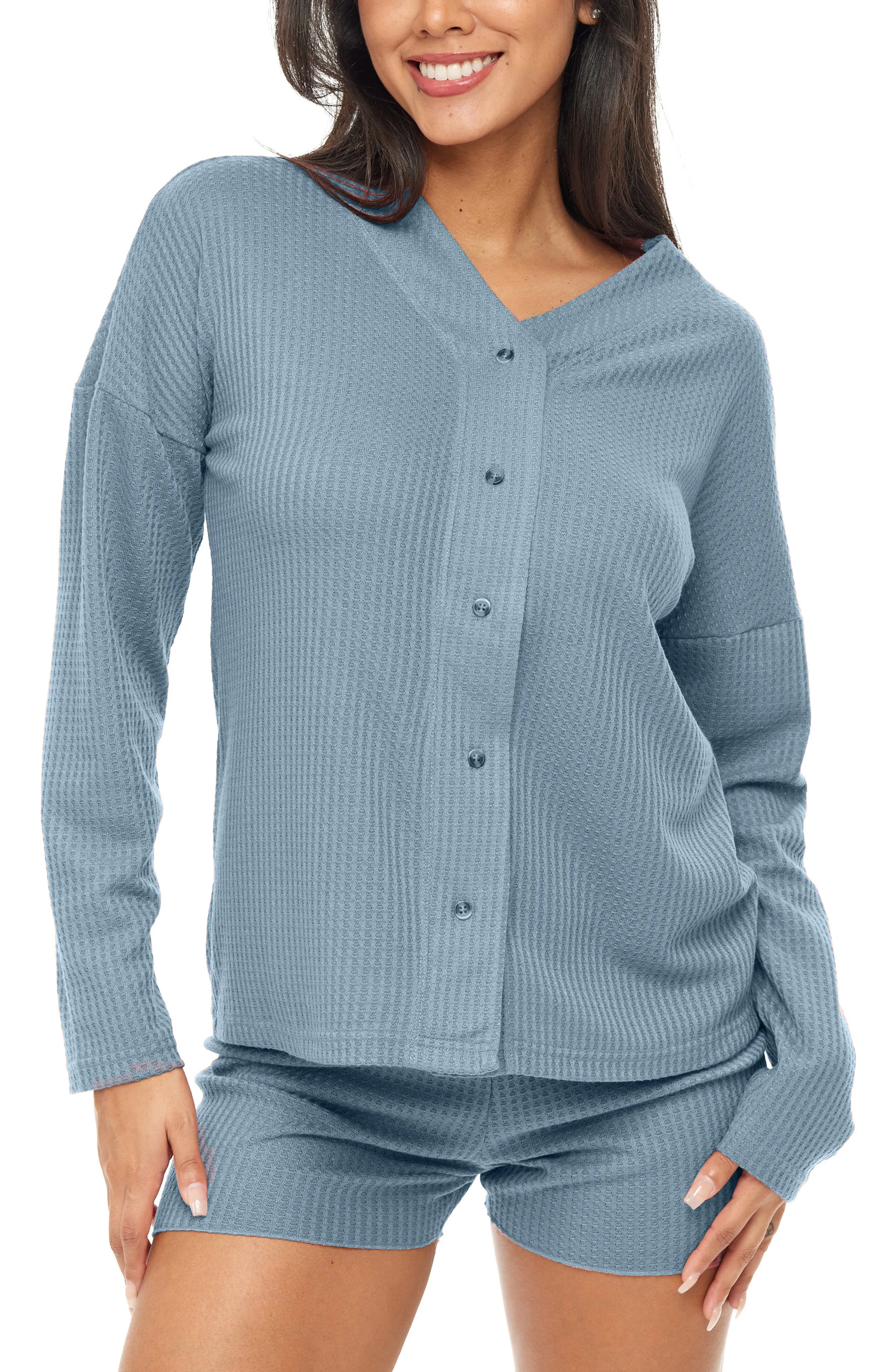 Women's Knit Pajamas Set, Long Sleeve Button Up Top and Pajama Shorts