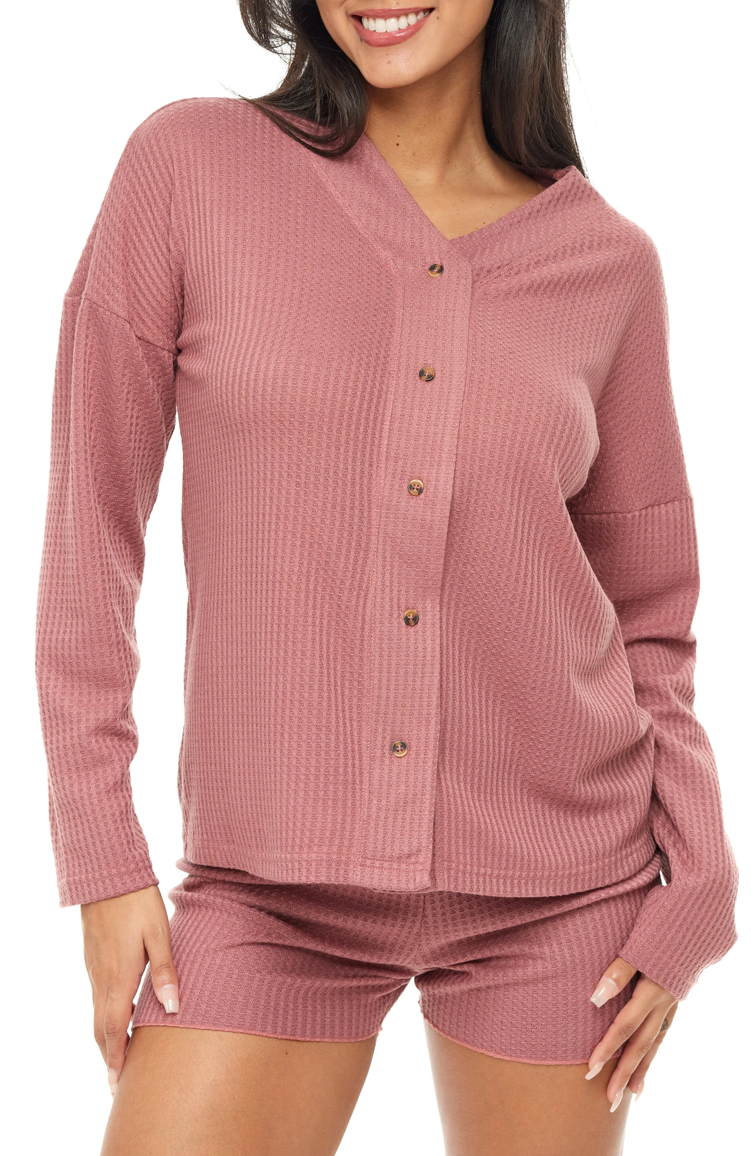Women's Knit Pajamas Set, Long Sleeve Button Up Top and Pajama Shorts