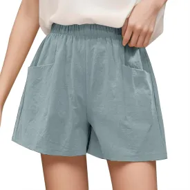 Womens Linen Shorts Casual Elastic High Waisted Cotton Shorts Loose Fit Summer Flowy Beach Short Pants with Pockets