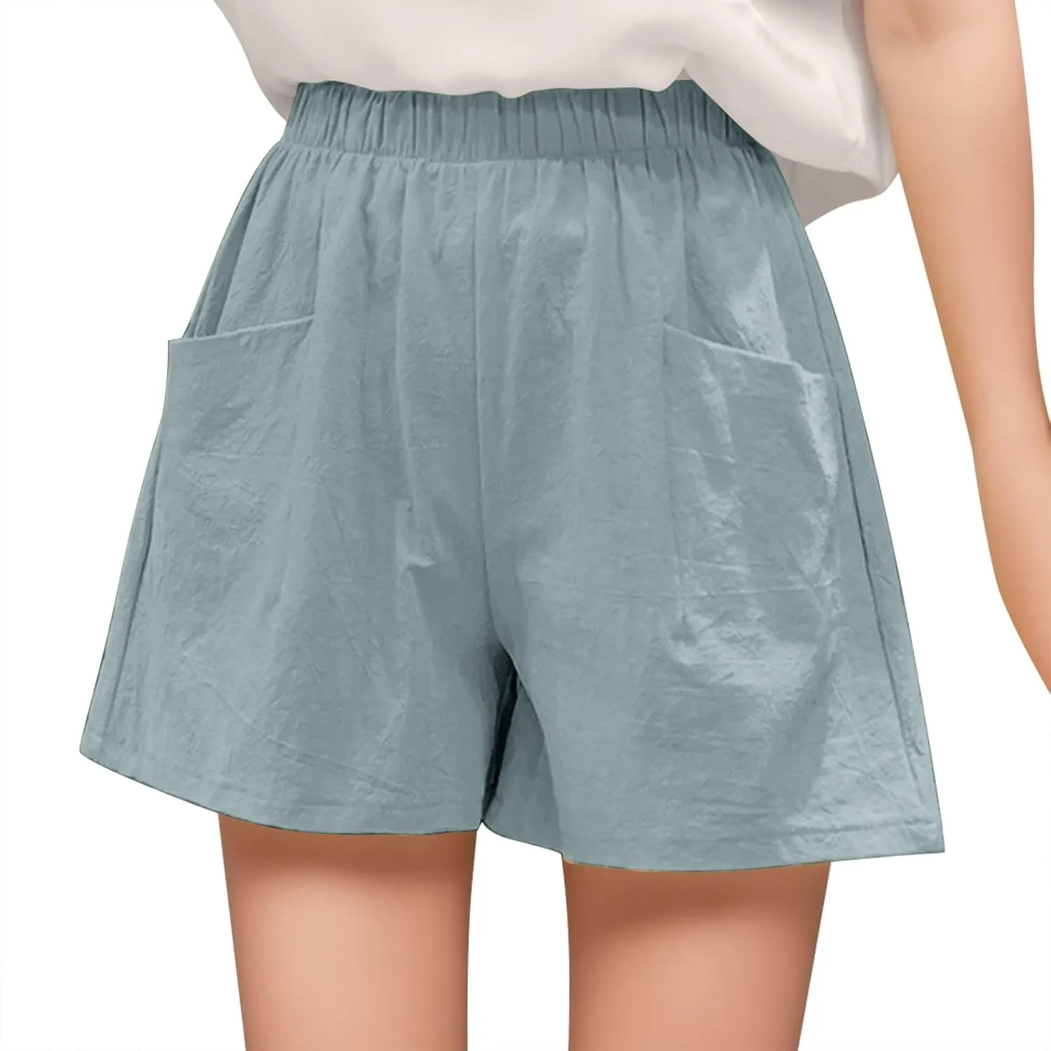 Womens Linen Shorts Casual Elastic High Waisted Cotton Shorts Loose Fit Summer Flowy Beach Short Pants with Pockets