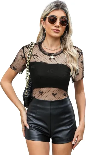 Womens Nashville Mesh Sheer Sparkly Top Glitter Star See Through Tops Tee Shirt Short Sleeve Concert Rave Outfits
