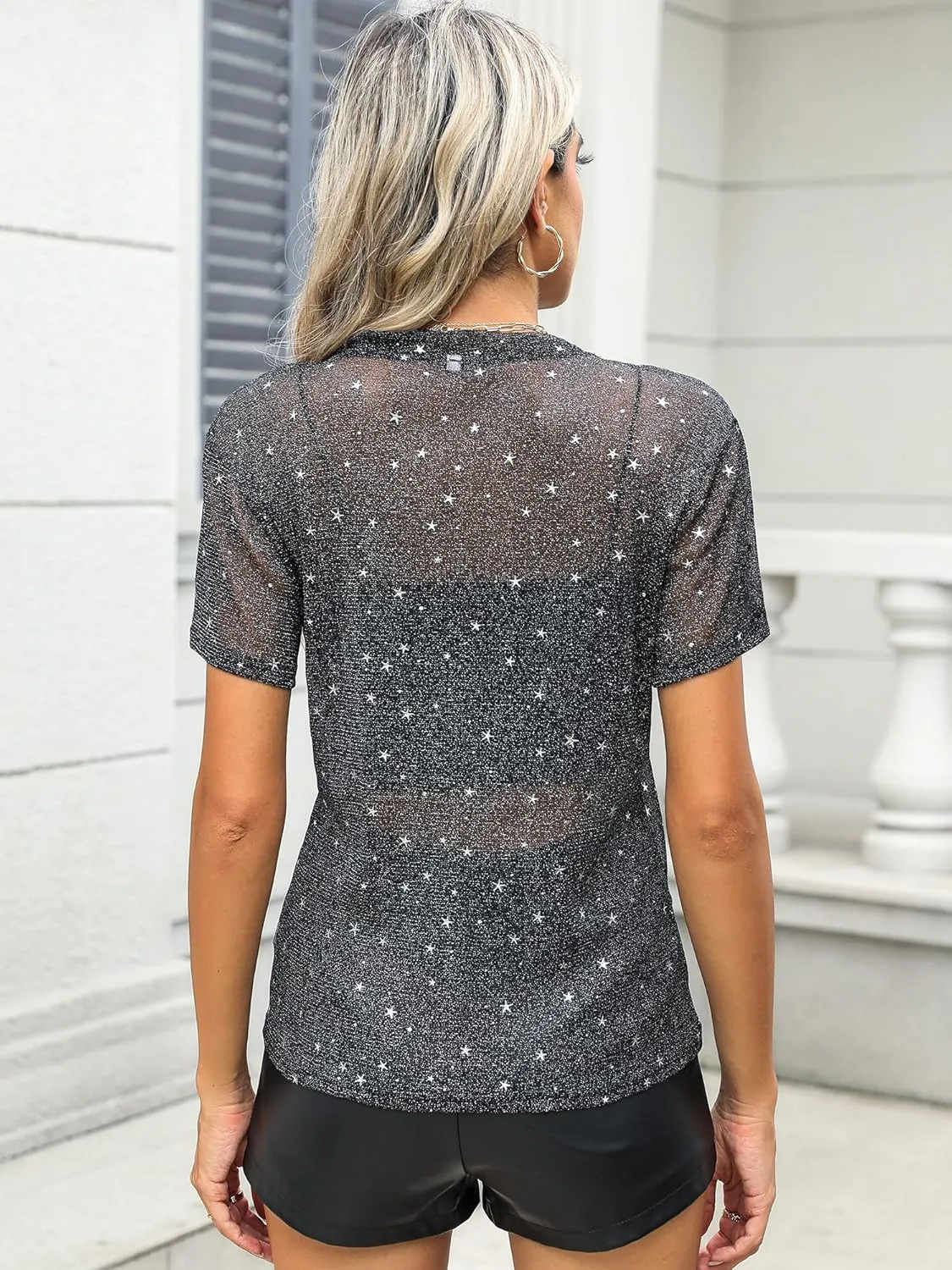 Womens Nashville Mesh Sheer Sparkly Top Glitter Star See Through Tops Tee Shirt Short Sleeve Concert Rave Outfits