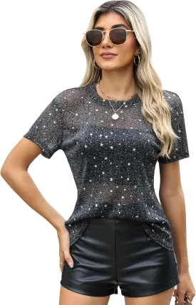 Womens Nashville Mesh Sheer Sparkly Top Glitter Star See Through Tops Tee Shirt Short Sleeve Concert Rave Outfits