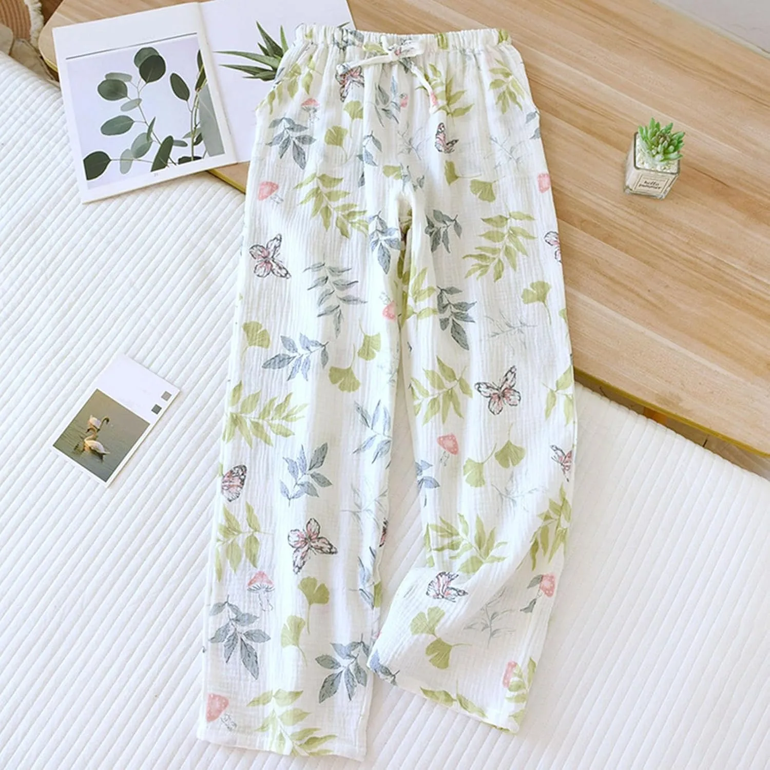 Women's Pajamas Pants Fashion Floral Cotton Lightweight Wide Leg Pants Summer Loose Lounge Home PJ's Trouser