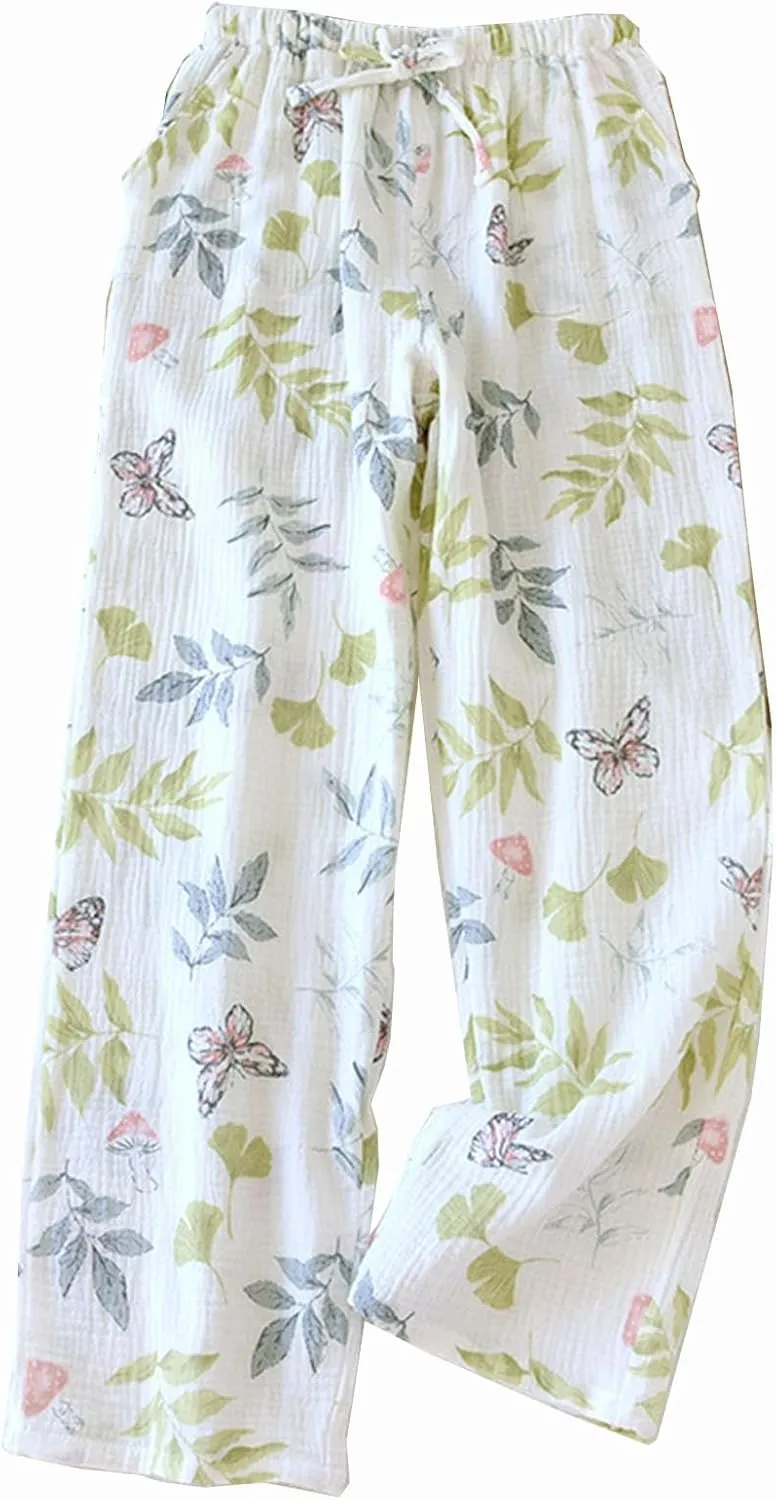 Women's Pajamas Pants Fashion Floral Cotton Lightweight Wide Leg Pants Summer Loose Lounge Home PJ's Trouser