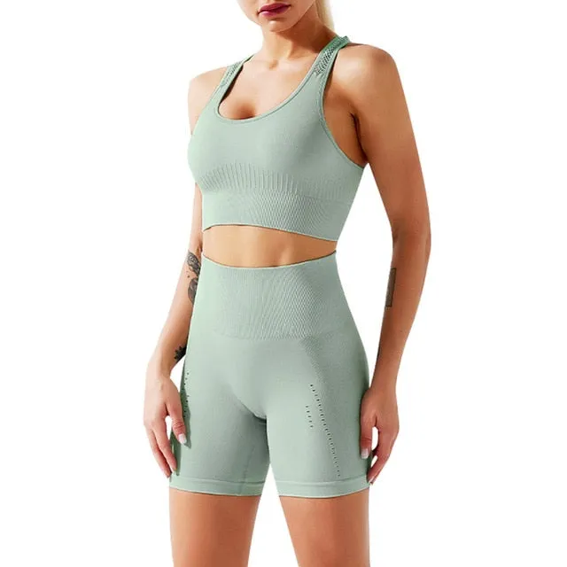 Women's Seamless 2 Piece Workout Gym Yoga Shorts High Waist Seamless Leggings with Sport Bra Set