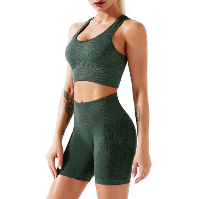 Women's Seamless 2 Piece Workout Gym Yoga Shorts High Waist Seamless Leggings with Sport Bra Set