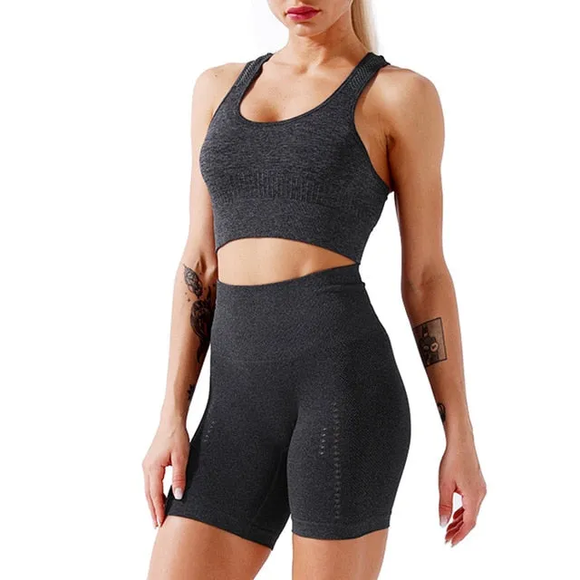 Women's Seamless 2 Piece Workout Gym Yoga Shorts High Waist Seamless Leggings with Sport Bra Set