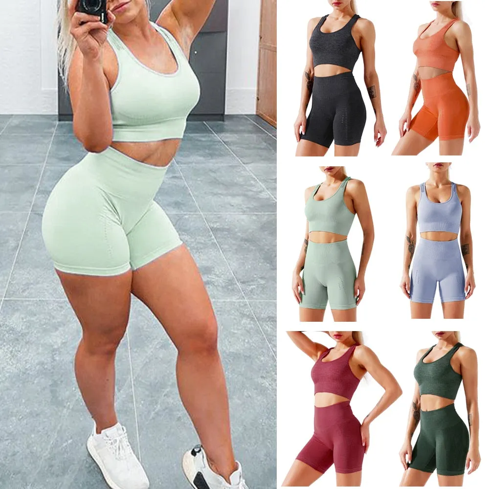 Women's Seamless 2 Piece Workout Gym Yoga Shorts High Waist Seamless Leggings with Sport Bra Set