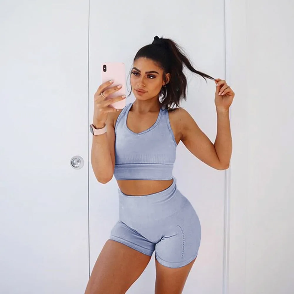Women's Seamless 2 Piece Workout Gym Yoga Shorts High Waist Seamless Leggings with Sport Bra Set