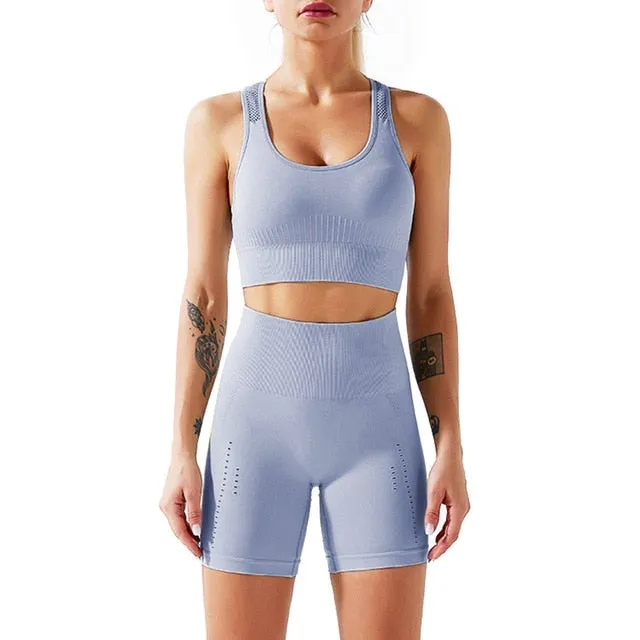 Women's Seamless 2 Piece Workout Gym Yoga Shorts High Waist Seamless Leggings with Sport Bra Set