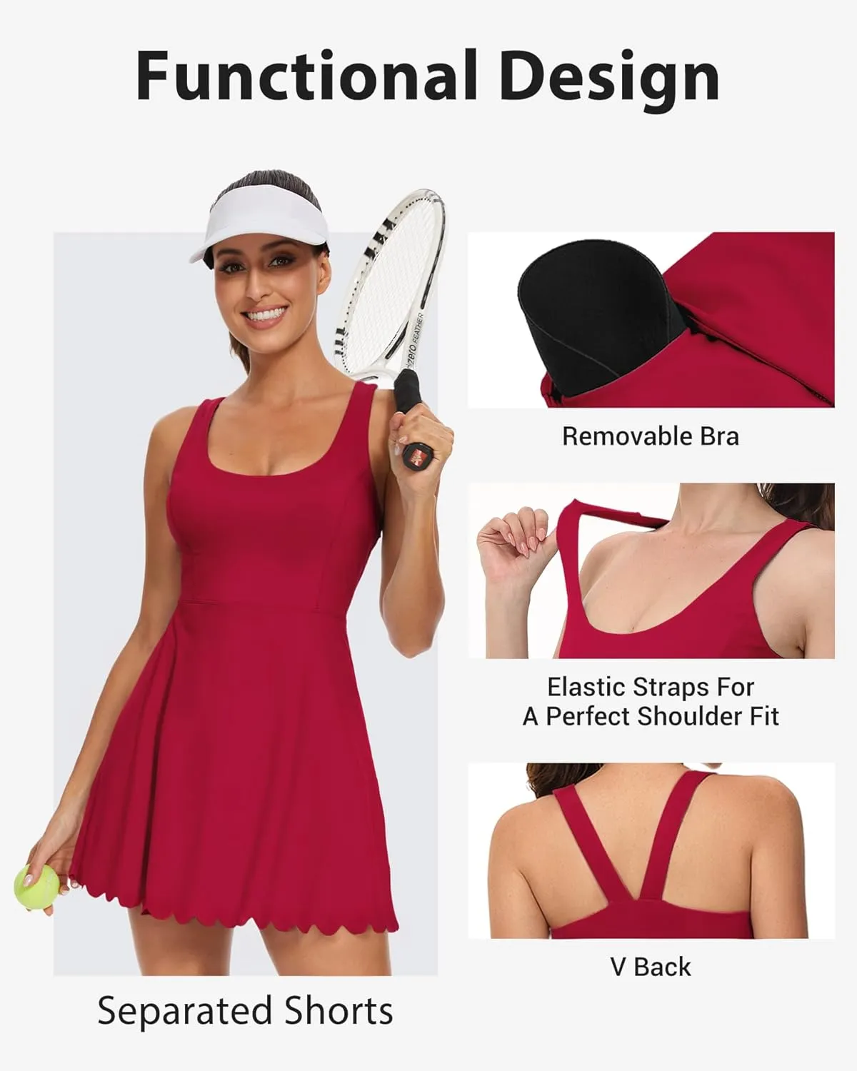 Women's Tennis Dress with Separate Shorts and Bra Square Neck Scalloped Edge Athletic Workout Dresses with Pockets