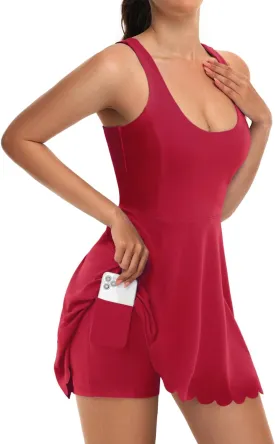 Women's Tennis Dress with Separate Shorts and Bra Square Neck Scalloped Edge Athletic Workout Dresses with Pockets