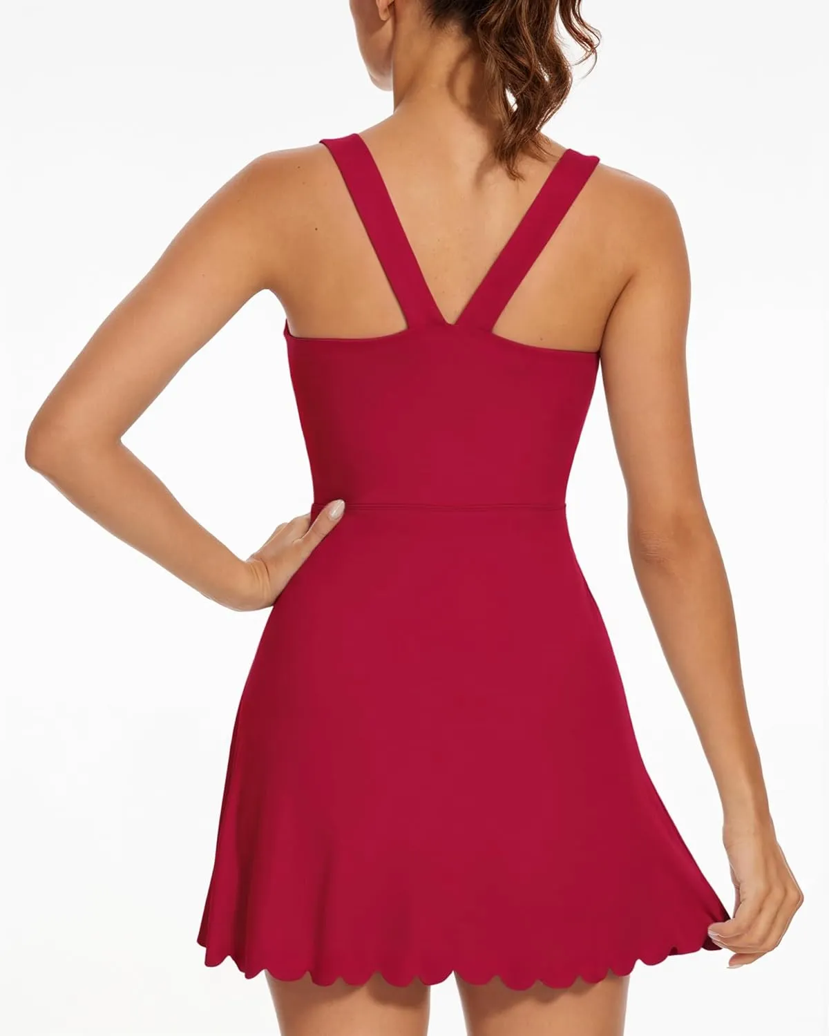 Women's Tennis Dress with Separate Shorts and Bra Square Neck Scalloped Edge Athletic Workout Dresses with Pockets