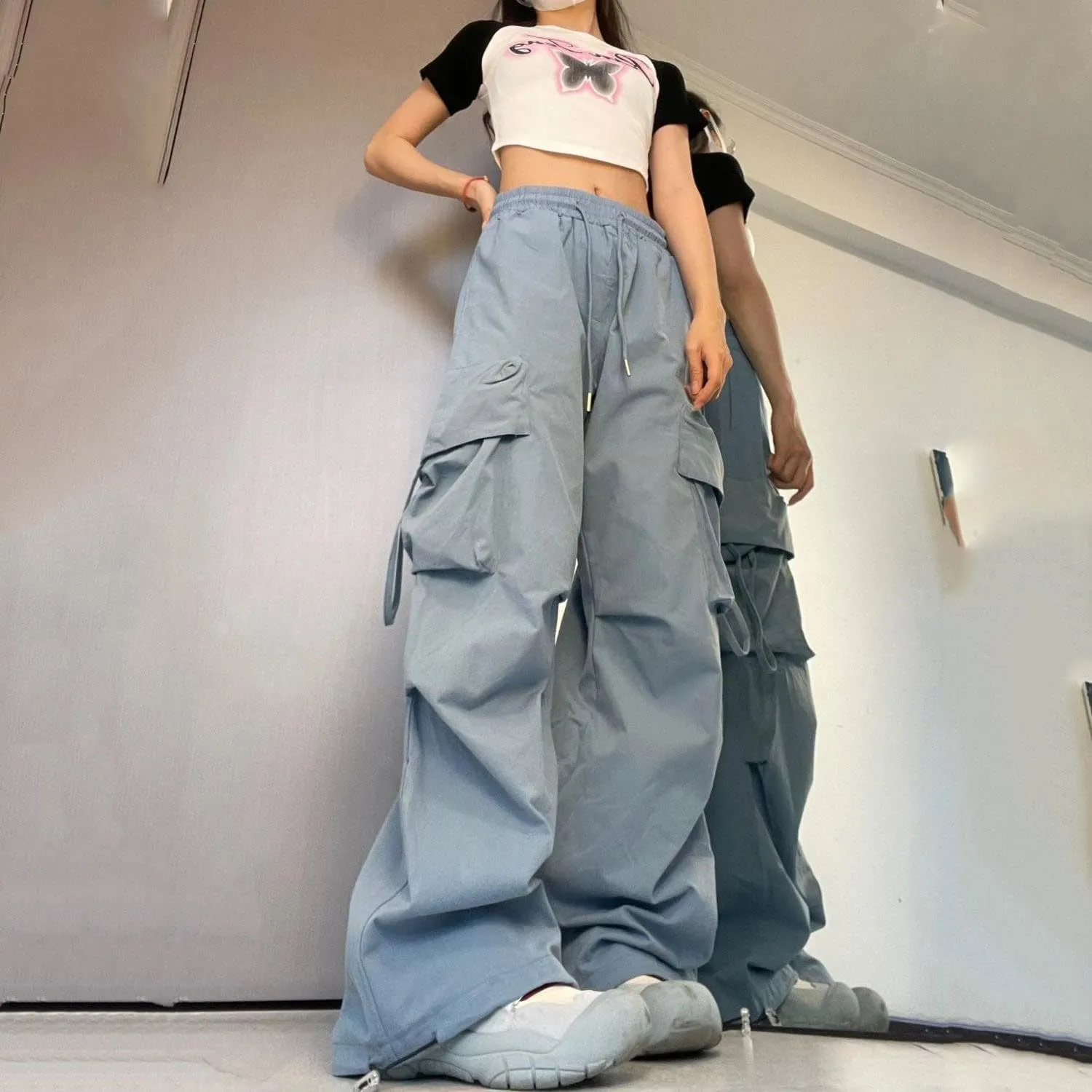 Women's Wide Leg Cargo Pants Y2k Baggy Parachute Pants Drawstring High Elastic Trousers with Pockets(Plus Size)
