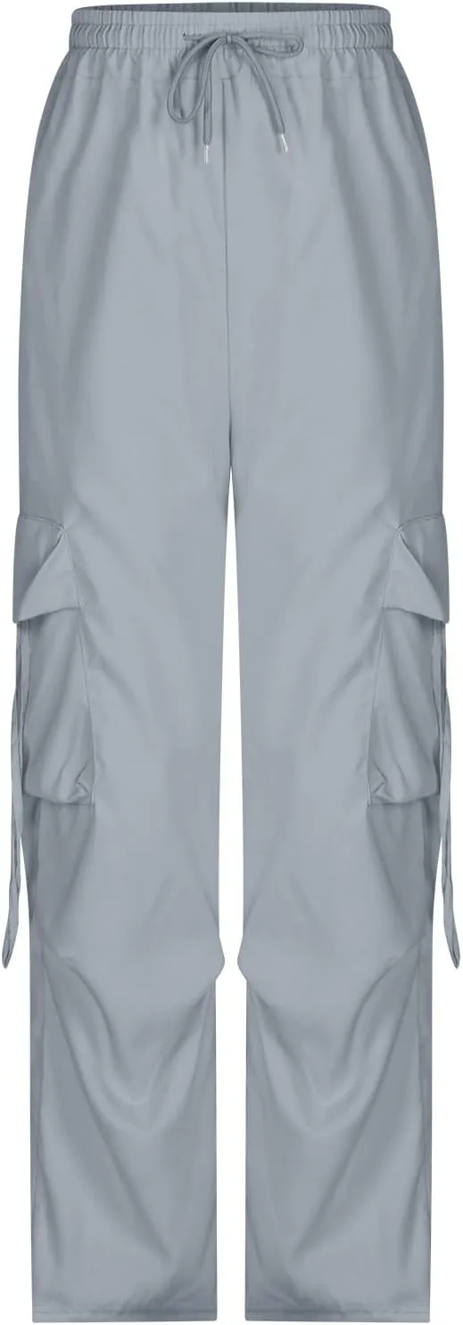 Women's Wide Leg Cargo Pants Y2k Baggy Parachute Pants Drawstring High Elastic Trousers with Pockets(Plus Size)