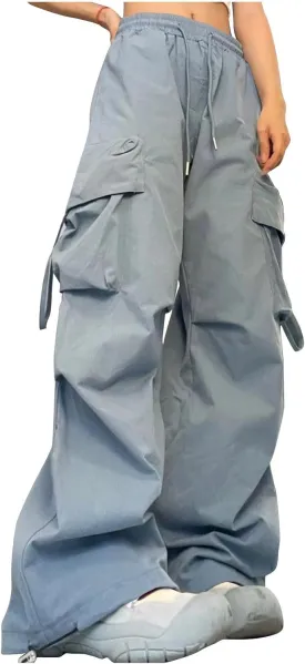 Women's Wide Leg Cargo Pants Y2k Baggy Parachute Pants Drawstring High Elastic Trousers with Pockets(Plus Size)