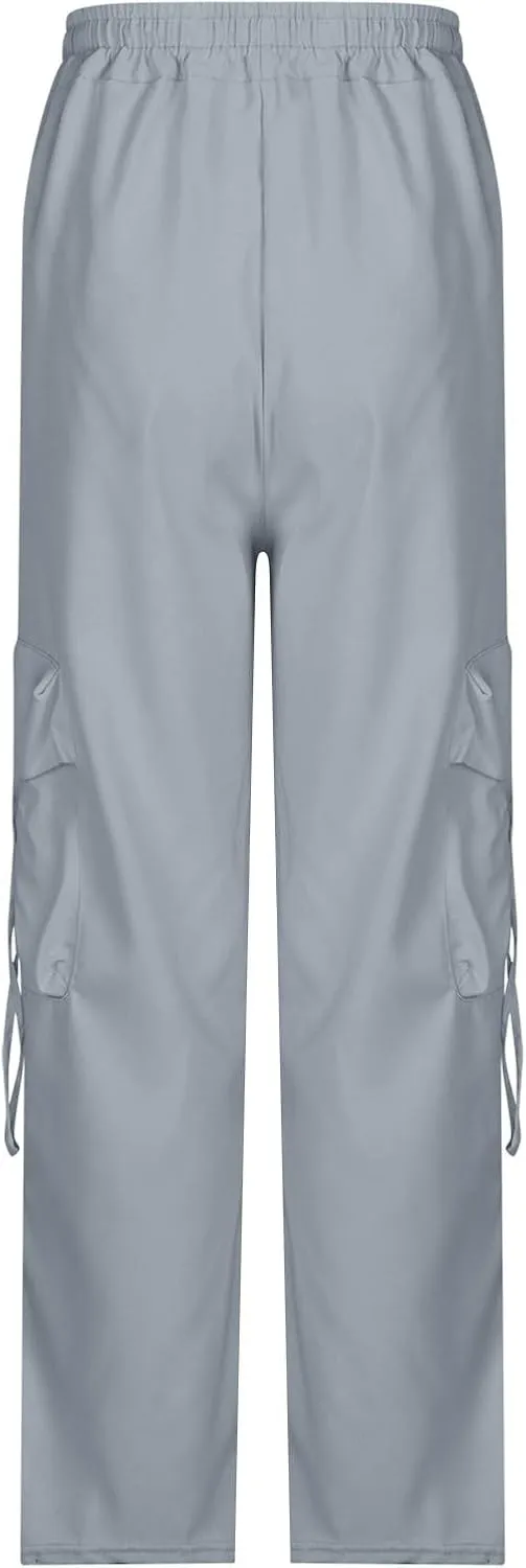 Women's Wide Leg Cargo Pants Y2k Baggy Parachute Pants Drawstring High Elastic Trousers with Pockets(Plus Size)