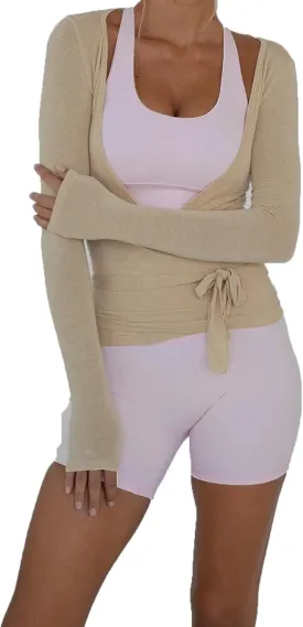 Women's Yoga Shirts Wrap Ruched Tie Front Long Sleeve Workout T Shirts Sexy Deep V Neck Slim Fit Casual Cropped Top