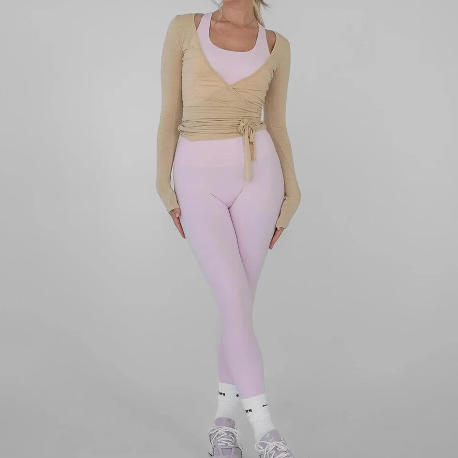 Women's Yoga Shirts Wrap Ruched Tie Front Long Sleeve Workout T Shirts Sexy Deep V Neck Slim Fit Casual Cropped Top