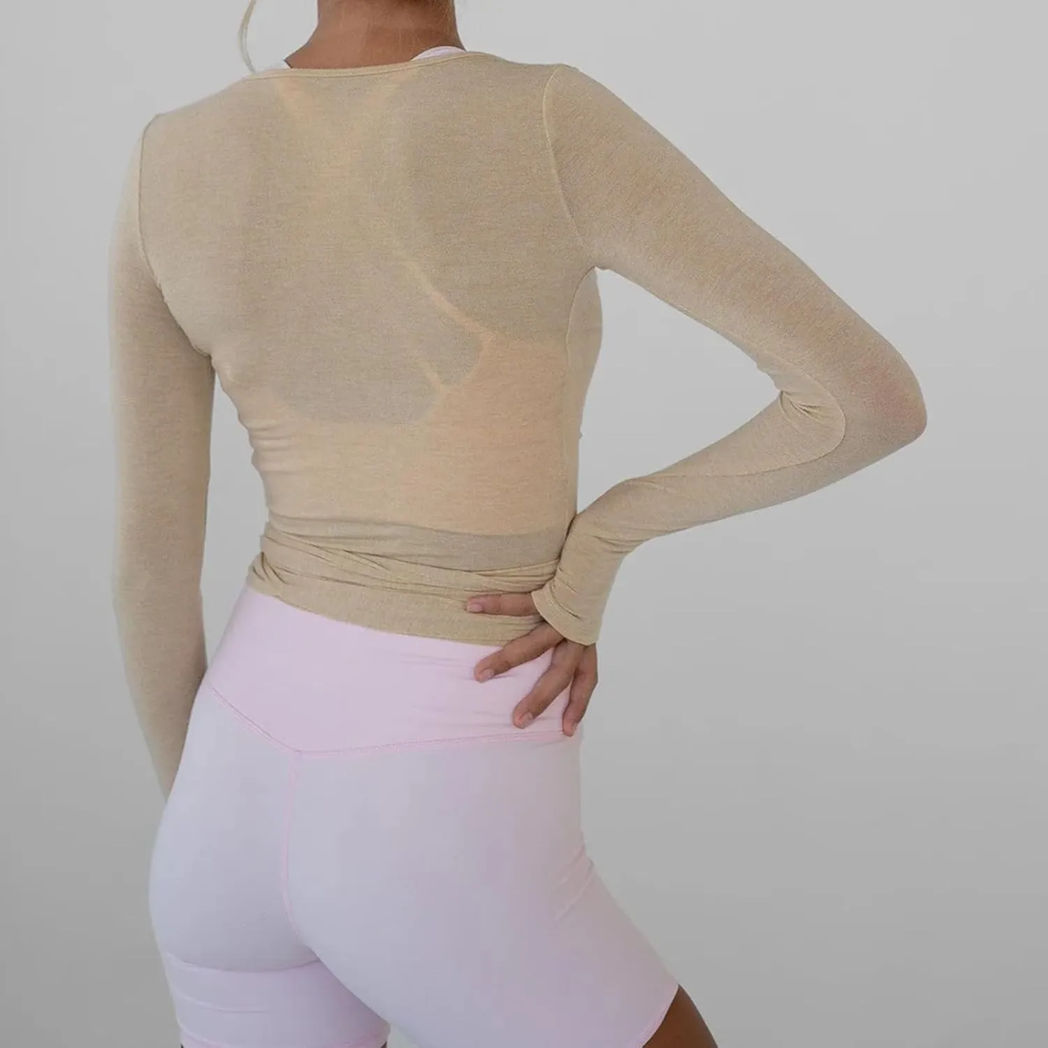 Women's Yoga Shirts Wrap Ruched Tie Front Long Sleeve Workout T Shirts Sexy Deep V Neck Slim Fit Casual Cropped Top