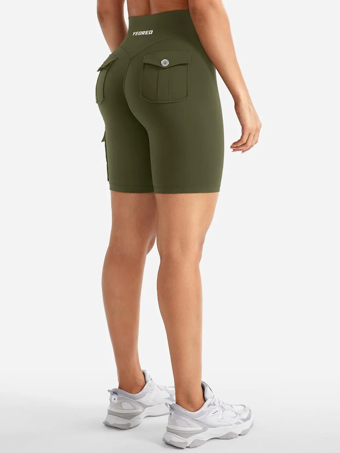 YEOREO CoreFlex Women Workout Biker Shorts with Cargo Pockets Hidden Scrunch High Waisted 8" Inseam Gym Shorts