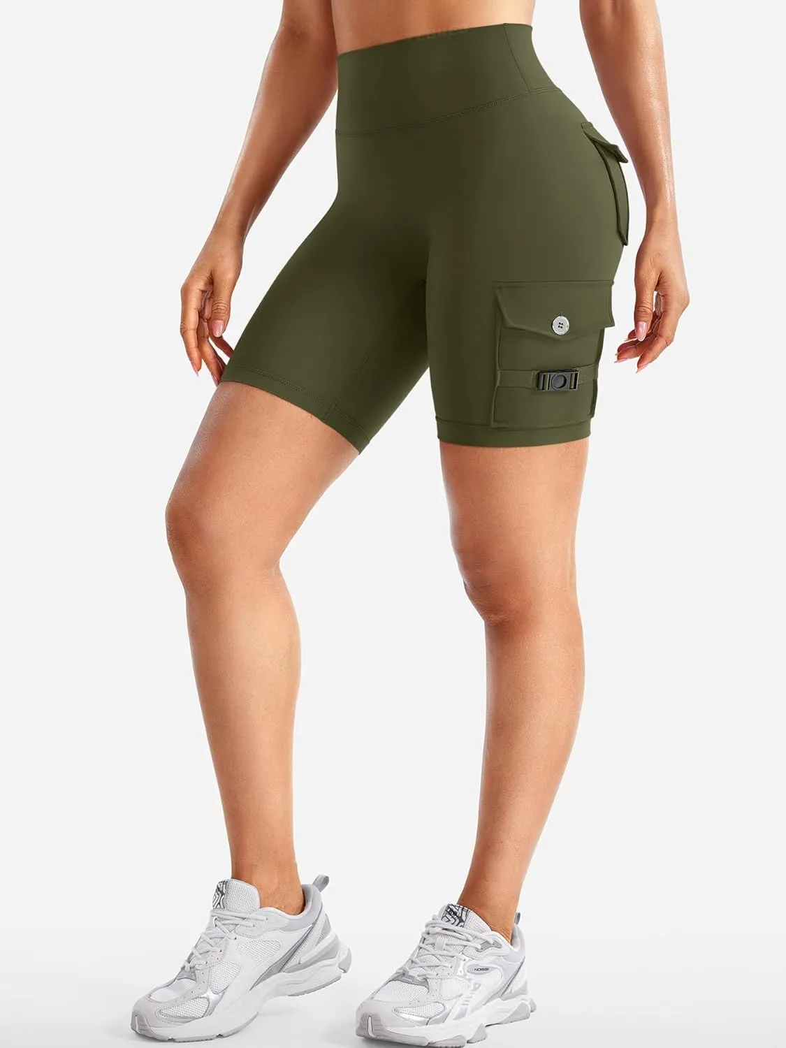YEOREO CoreFlex Women Workout Biker Shorts with Cargo Pockets Hidden Scrunch High Waisted 8" Inseam Gym Shorts
