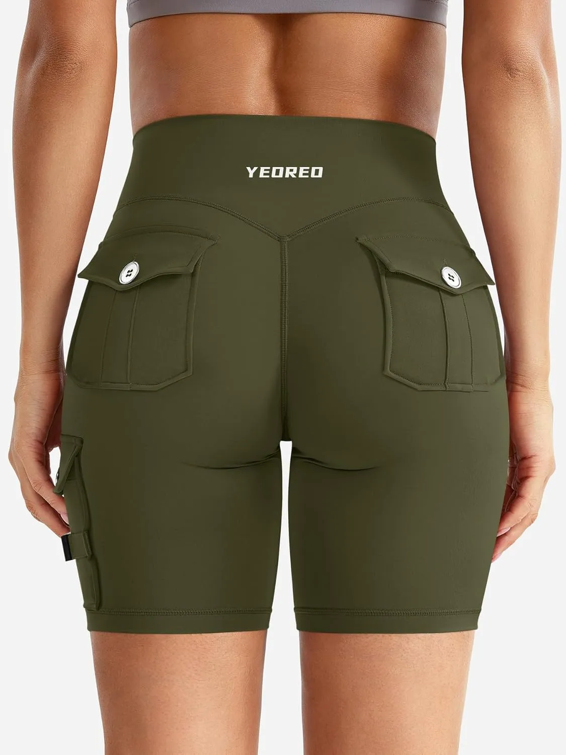 YEOREO CoreFlex Women Workout Biker Shorts with Cargo Pockets Hidden Scrunch High Waisted 8" Inseam Gym Shorts