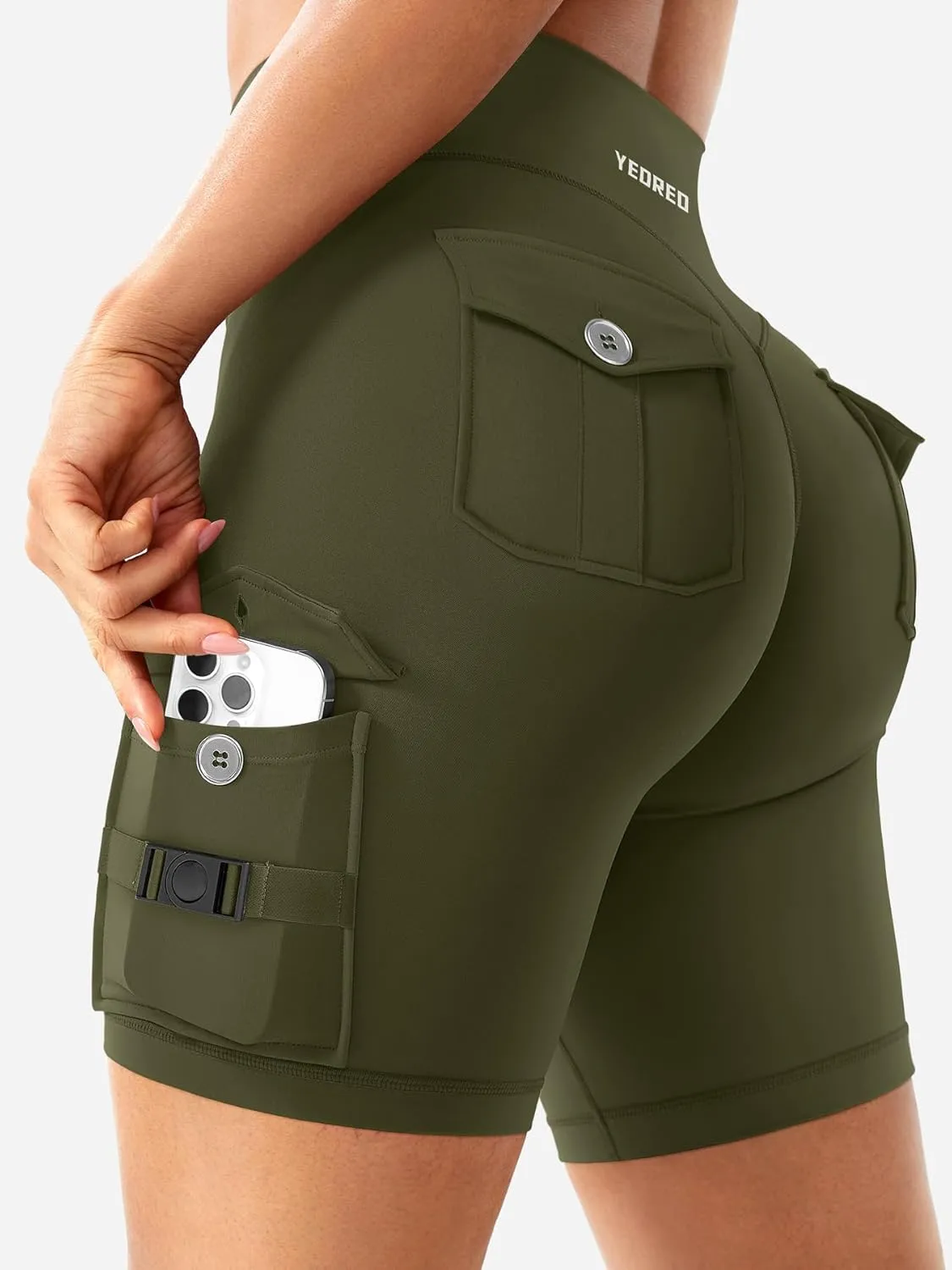 YEOREO CoreFlex Women Workout Biker Shorts with Cargo Pockets Hidden Scrunch High Waisted 8" Inseam Gym Shorts