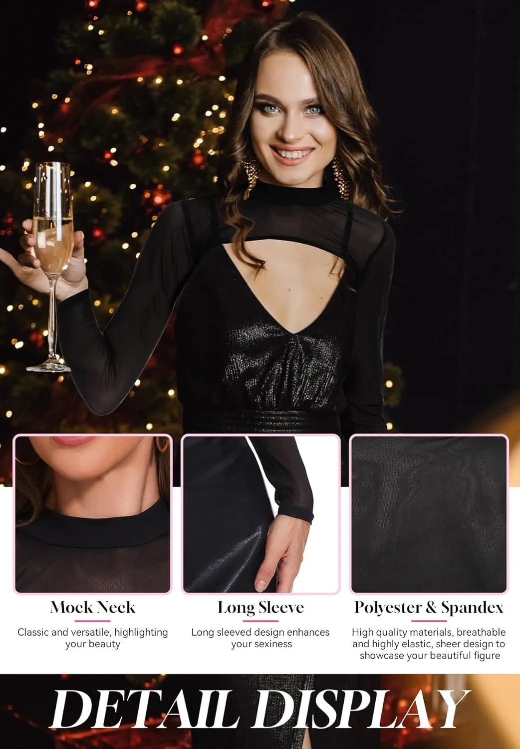 Zando 2025 Sexy Long Sleeve Rave Outfits for Women Mesh Sheer Crop Tops Mock Neck See Through Shirt Clubwear Festival Party