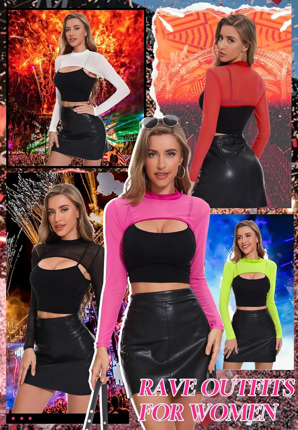 Zando 2025 Sexy Long Sleeve Rave Outfits for Women Mesh Sheer Crop Tops Mock Neck See Through Shirt Clubwear Festival Party