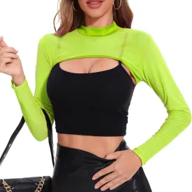 Zando 2025 Sexy Long Sleeve Rave Outfits for Women Mesh Sheer Crop Tops Mock Neck See Through Shirt Clubwear Festival Party