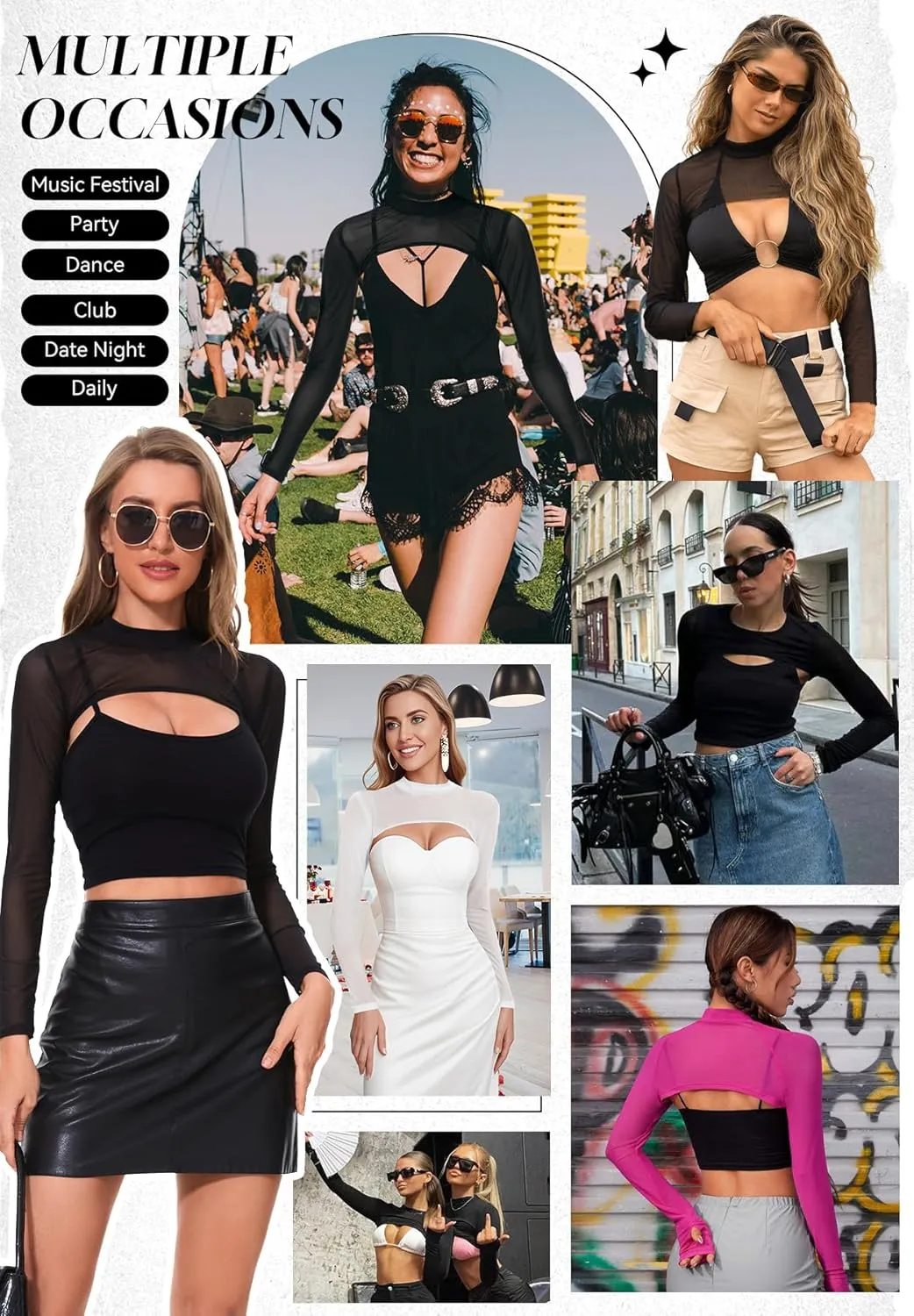 Zando 2025 Sexy Long Sleeve Rave Outfits for Women Mesh Sheer Crop Tops Mock Neck See Through Shirt Clubwear Festival Party