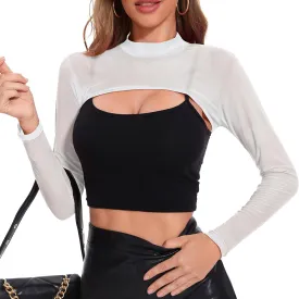 Zando 2025 Sexy Long Sleeve Rave Outfits for Women Mesh Sheer Crop Tops Mock Neck See Through Shirt Clubwear Festival Party